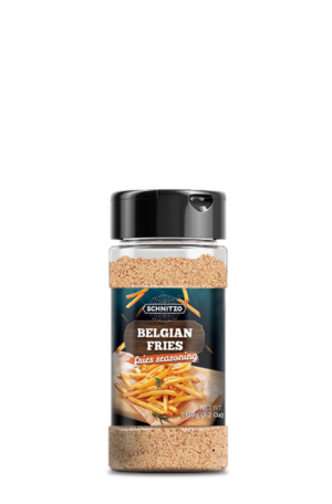 Small shaker bottle of Belgian Fries seasoning for French fries and potato wedges