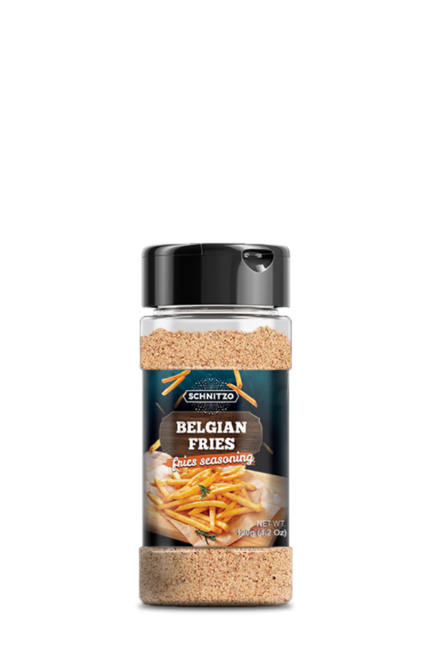 Small shaker bottle of Belgian Fries seasoning for French fries and potato wedges