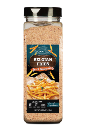 Large shaker bottle of Belgian Fries seasoning for French fries and potato wedges