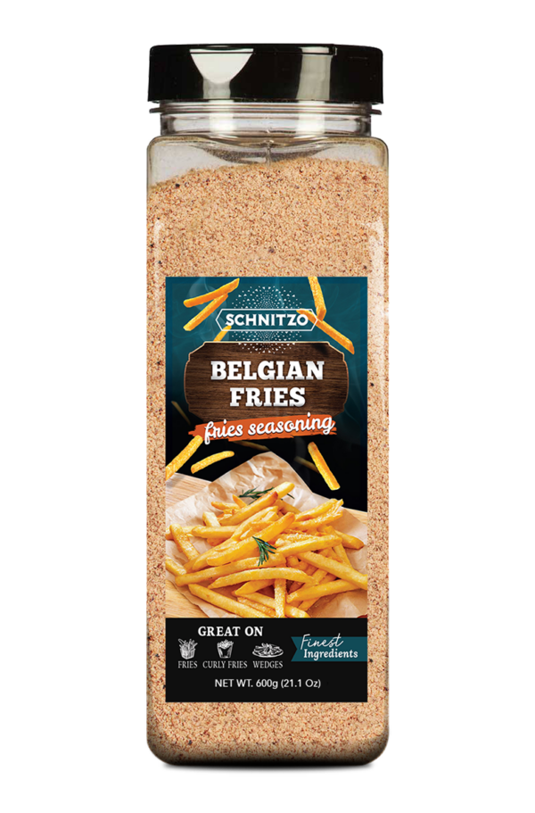 Large shaker bottle of Belgian Fries seasoning for French fries and potato wedges