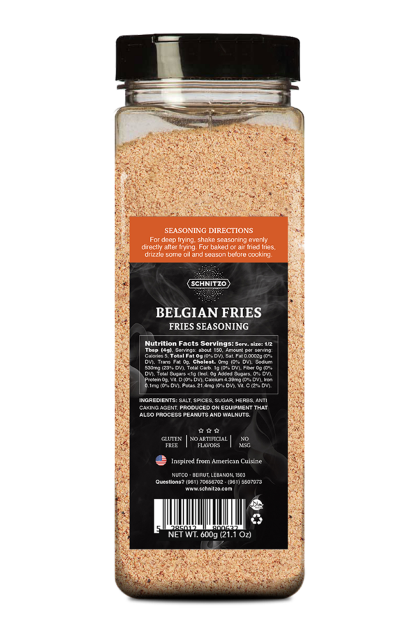 Large shaker bottle of Belgian Fries seasoning for French fries and potato wedges