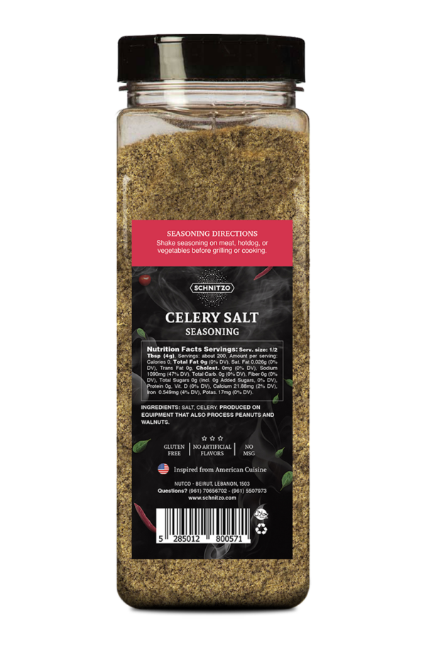 Back label of Large shaker bottle of Garlic Salt with the brand name Schnitzo. Has ingredients list and nutritional information