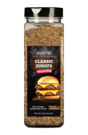Large shaker bottle of Schnitzo, Classic Burger Seasoning