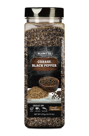 Large shaker bottle of coarse black pepper, Schnitzo brand