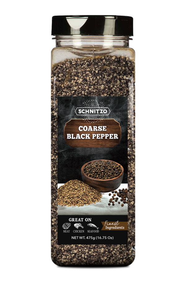 Large shaker bottle of coarse black pepper, Schnitzo brand