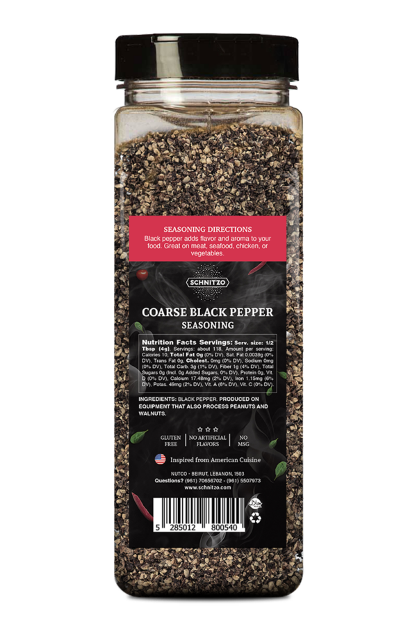 Back label of Large shaker bottle of coarse black pepper, Schnitzo brand with ingredients list and nutritional information
