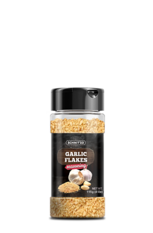Small shaker bottle of Schnitzo Garlic Flakes