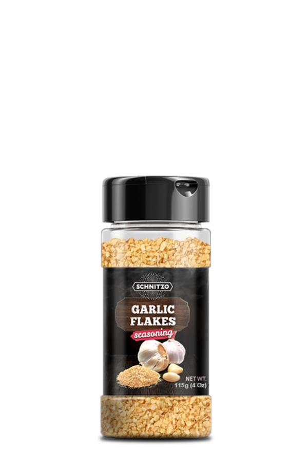 Small shaker bottle of Schnitzo Garlic Flakes