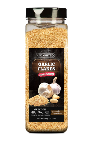 Large shaker bottle of Schnitzo Garlic Flakes