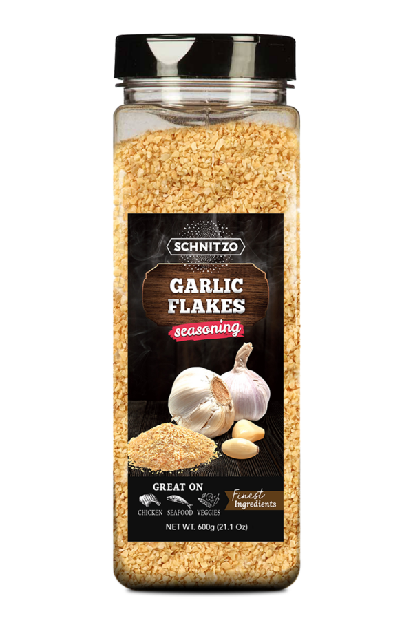 Large shaker bottle of Schnitzo Garlic Flakes