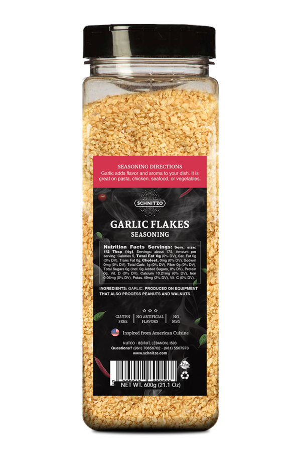 Back label Large shaker bottle of Schnitzo Garlic Flakes with ingredients list and nutritional information
