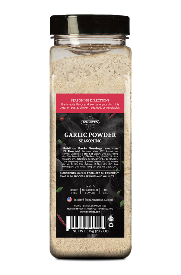 Back label Large shaker bottle of Schnitzo Garlic Powder with ingredients list and nutritional information