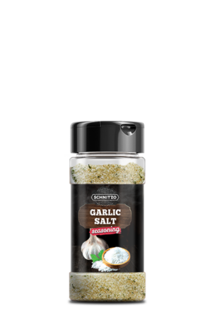 Small shaker bottle of Garlic Salt with the brand name Schnitzo
