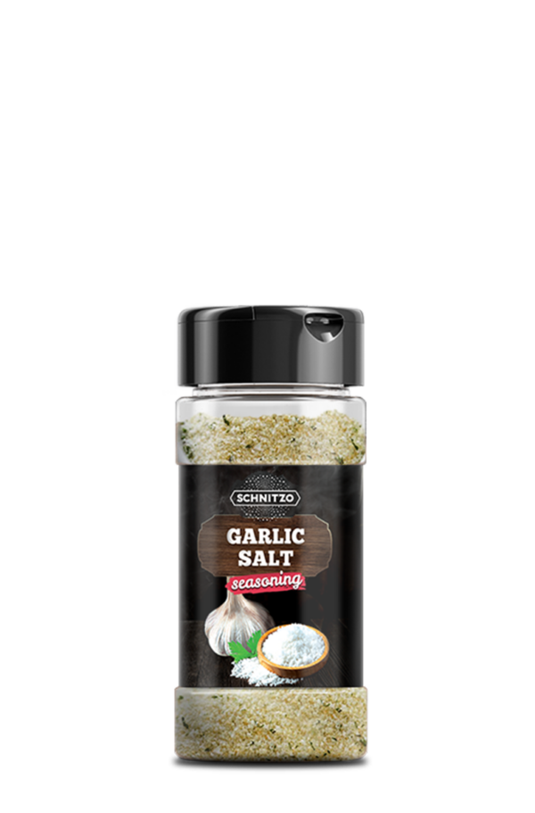Small shaker bottle of Garlic Salt with the brand name Schnitzo