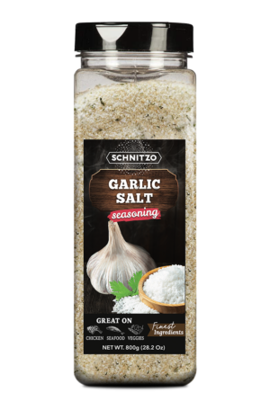 Large shaker bottle of Garlic Salt with the brand name Schnitzo