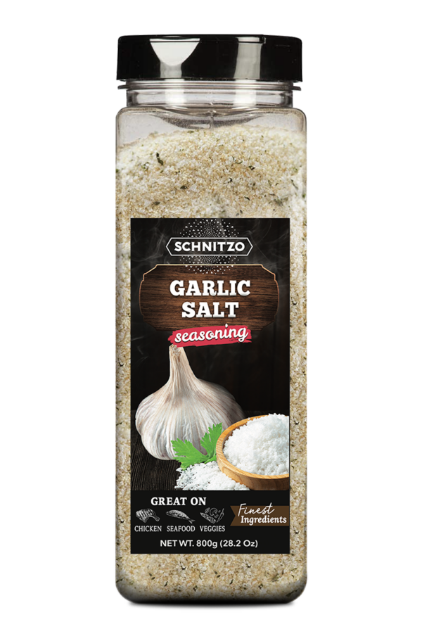 Large shaker bottle of Garlic Salt with the brand name Schnitzo