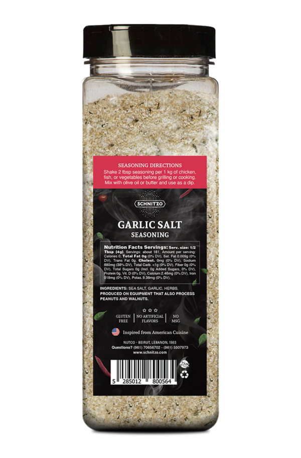 Back of Large shaker bottle of Garlic Salt with the brand name Schnitzo