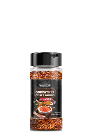 Small shaker bottle of Schnitzo, Godfather of Seasoning