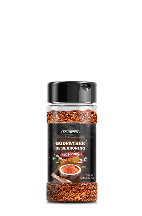 Small shaker bottle of Schnitzo, Godfather of Seasoning