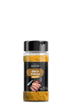 Small shaker bottle of the dry rub Gold Texas, for ribs, beef or pork