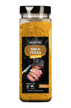 Large shaker bottle of the dry rub Gold Texas, for ribs, beef or pork