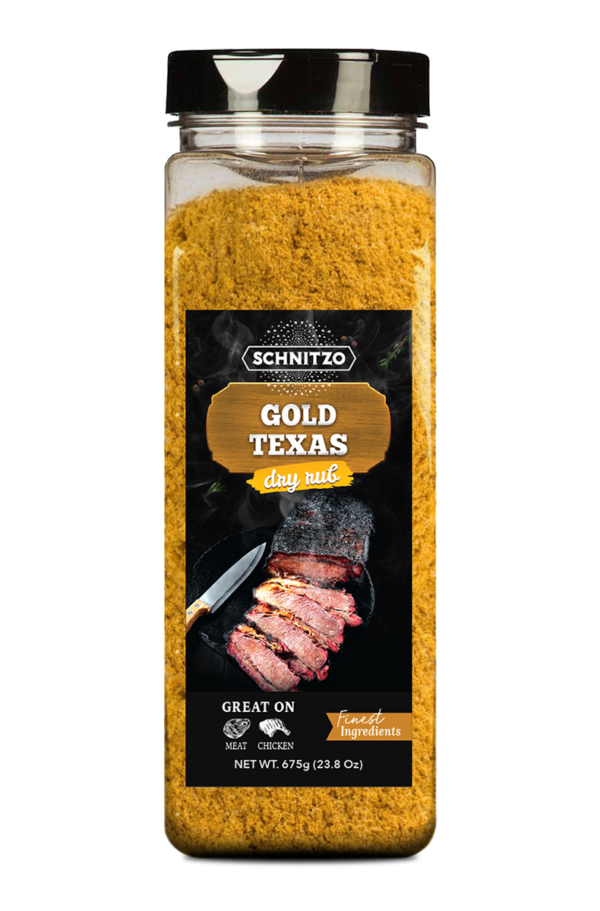 Large shaker bottle of the dry rub Gold Texas, for ribs, beef or pork