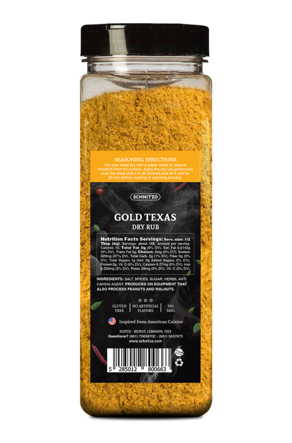 Back label of Large shaker bottle of dry rub Gold Texas, for ribs, beef or pork. Ingredients list with nutritional information