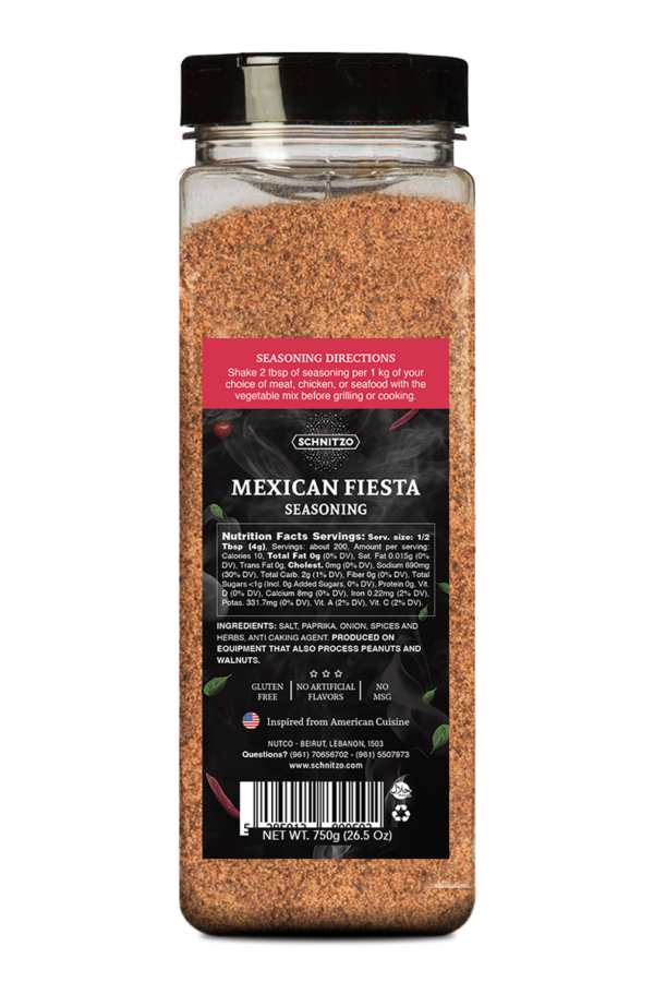 Back label of Large shaker bottle Schnitzo, Mexican Fiesta for fajitas, tacos and Mexican dishes