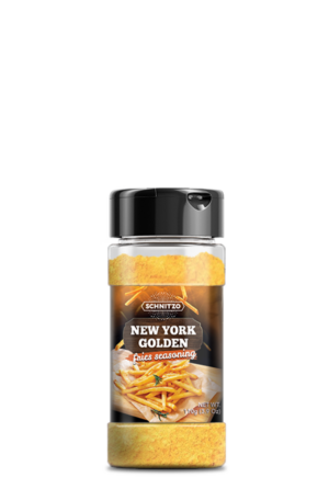 small shaker bottle of French fry seasoning called New York Golden. with a golden yellow color and brand name Schnitzo.