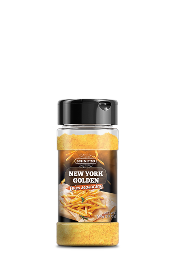 small shaker bottle of French fry seasoning called New York Golden. with a golden yellow color and brand name Schnitzo.