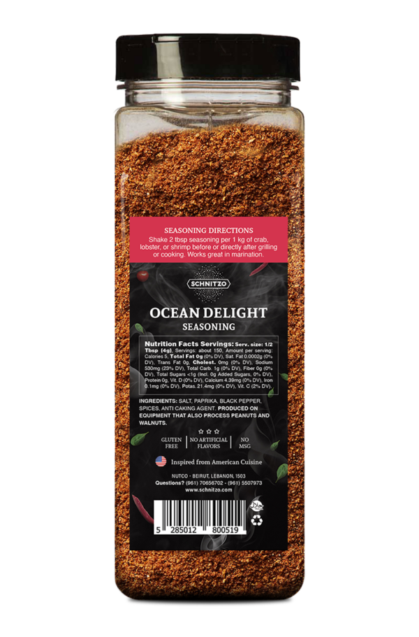 Back label of a large shaker bottle of Schnitzo Ocean Delight. With ingredients list and nutritional information