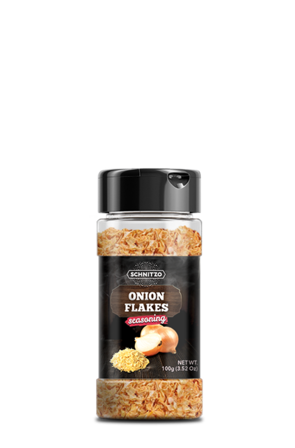 Small shaker bottle of Schnitzo Onion Flakes