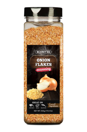 Large shaker bottle of Schnitzo Onion Flakes