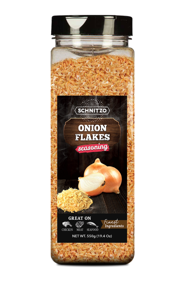 Large shaker bottle of Schnitzo Onion Flakes