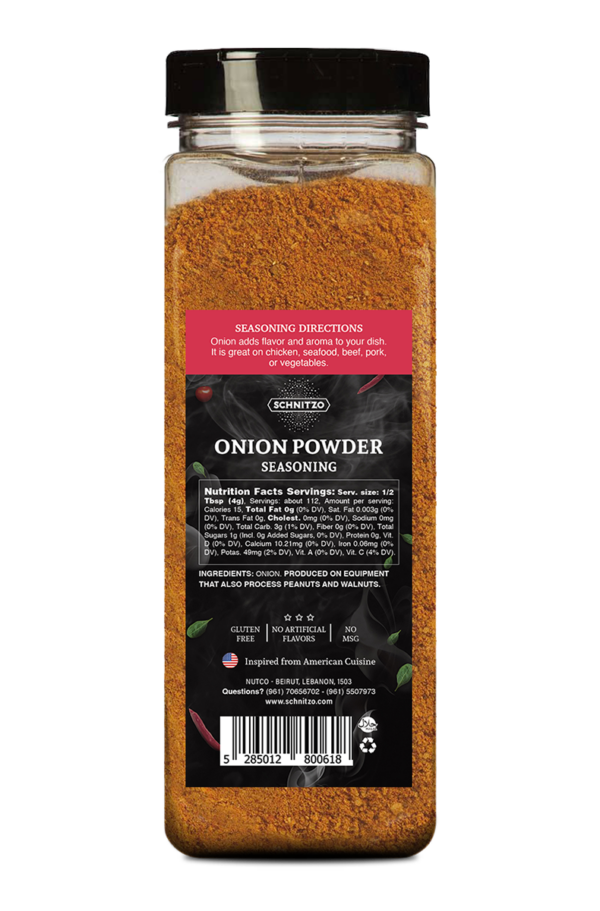 Back label of Large shaker bottle of Schnitzo Onion Powder Seasoning. with ingredients list and nutritional information