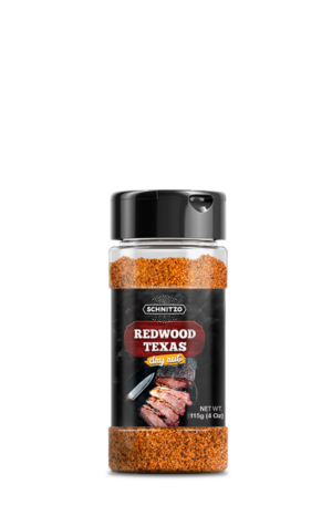 Shaker bottle of dry rub Redwood Texas that is perfectly balanced between sweet and salty