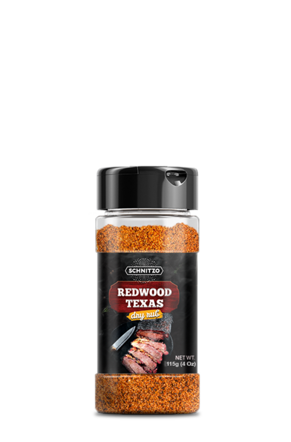 Shaker bottle of dry rub Redwood Texas that is perfectly balanced between sweet and salty