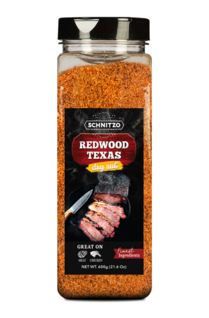 Large shaker bottle of dry rub Redwood Texas that is perfectly balanced between sweet and salty