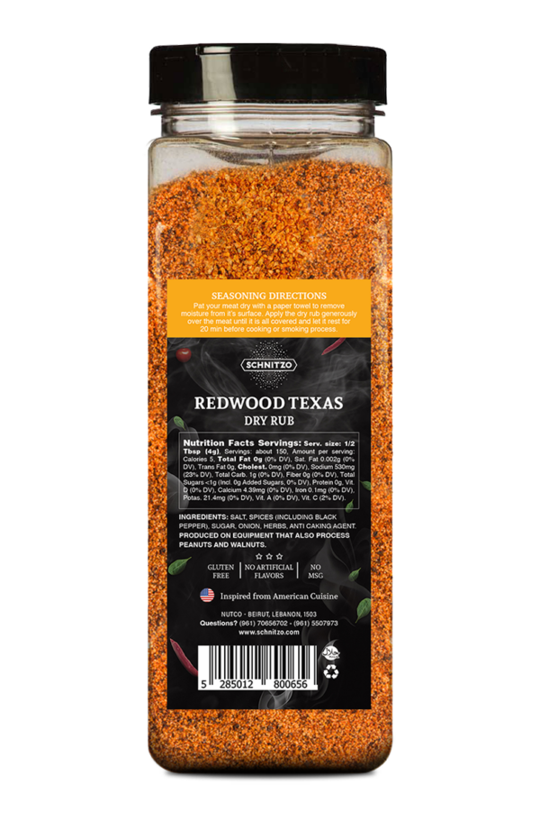 Back label of Large shaker bottle of dry rub Redwood Texas with ingredients list and nutritional information