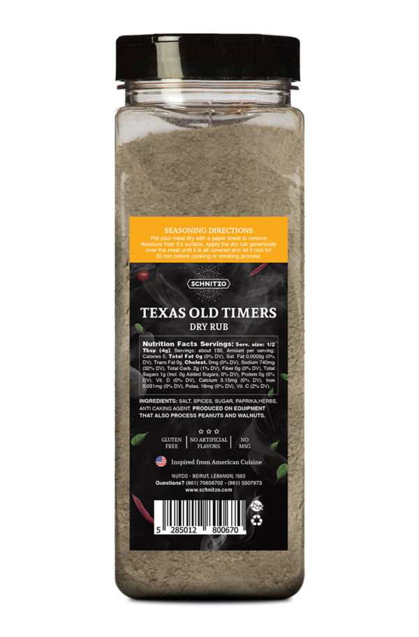 Back label of Large 600g Shaker bottle of Schnitzo Dry Rub for meat and chicken with ingredients list and nutritional information.