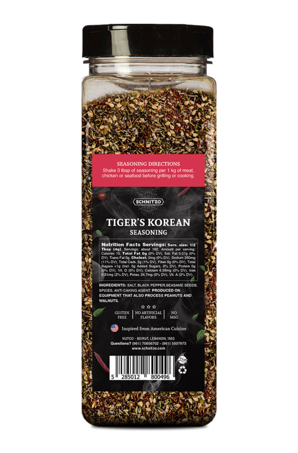 Back label of Large shaker bottle Schnitzo, Tiger's Korean for Korean BBQ