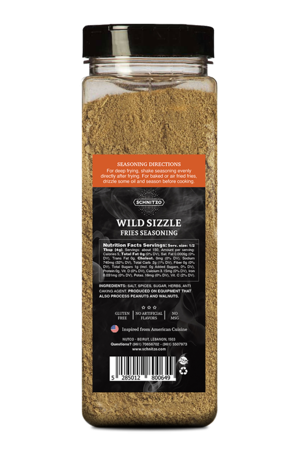 Back label of Schnitzo "Wild Sizzle" fries seasonings. Large shaker bottle with ingredients list and nutritional information